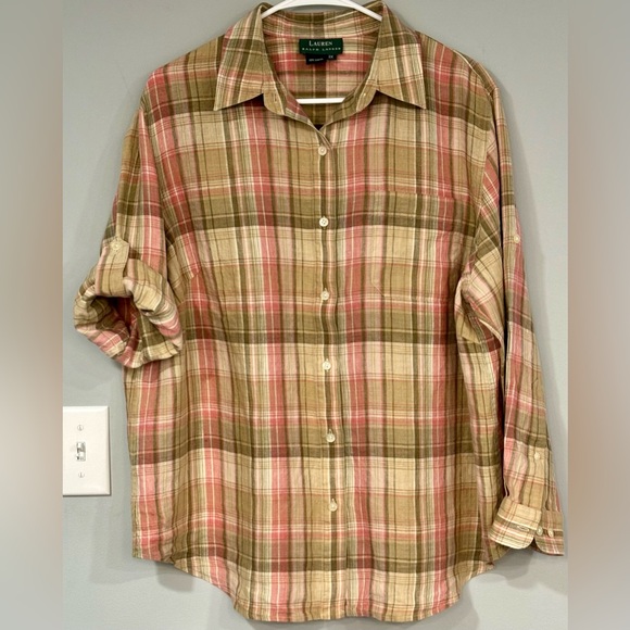 Lauren Ralph Lauren Tops - SOLD -LAUREN by RALPH LAUREN Plaid Linen CONVERTIBLE Button Down Blouse Shirt 2X